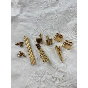 Mens‎ Gold Tone Cufflink Tie Clip Set Square Crystal Elegant Formal vintg